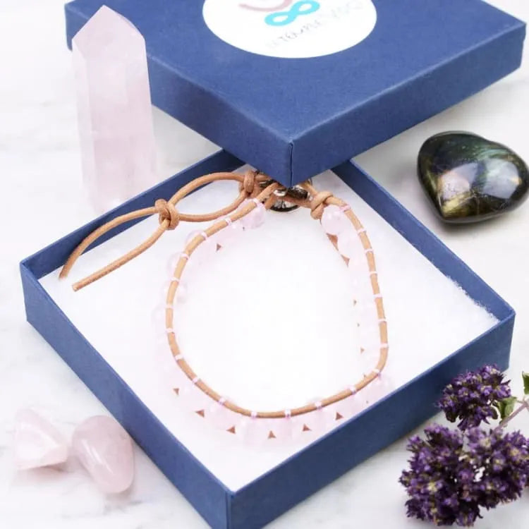 Bracelet quartz rose ajustable, perles 8 mm