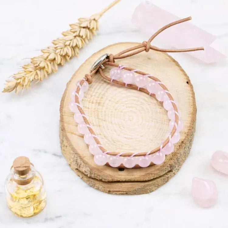 Bracelet quartz rose ajustable, perles 8 mm