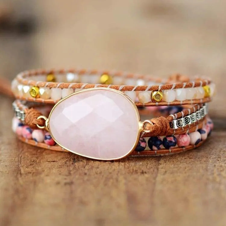 Bracelet quartz rose enveloppant, perles cristal