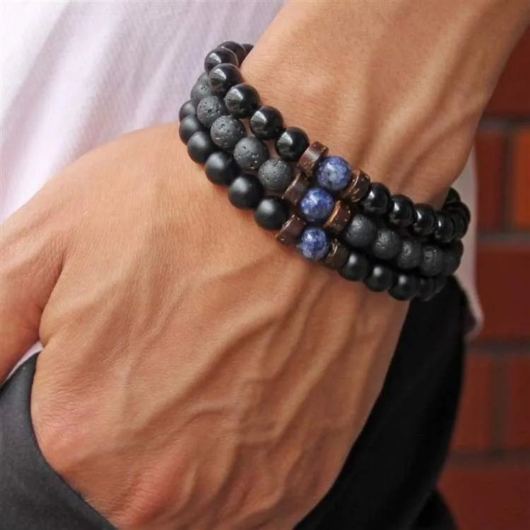 Bracelet obsidienne homme, perles de lave