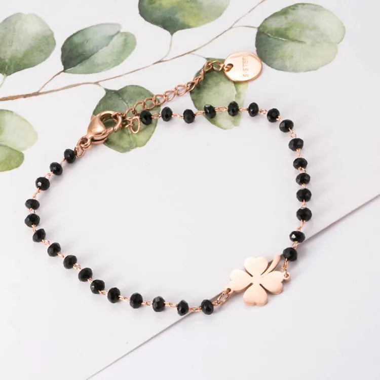 Bracelet porte bonheur trèfle 4 feuilles onyx