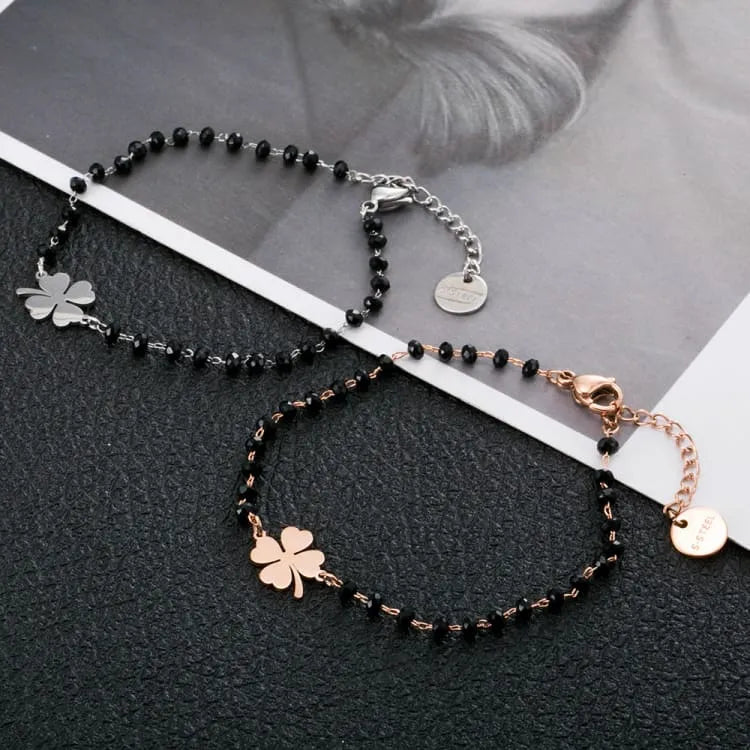 Bracelet porte bonheur trèfle 4 feuilles onyx