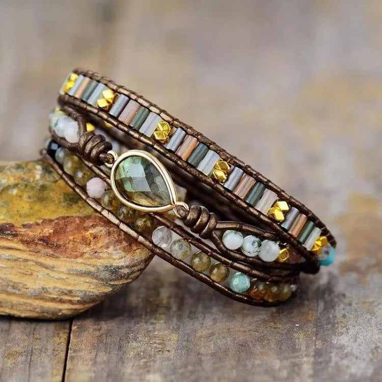 Bracelet labradorite en cuir et strass