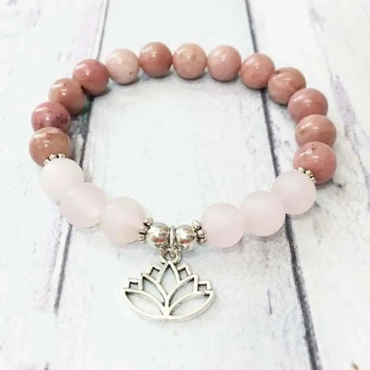 Bracelet quartz rose et rhodonite lotus