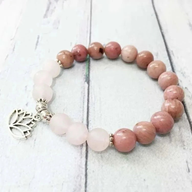 Bracelet quartz rose et rhodonite lotus