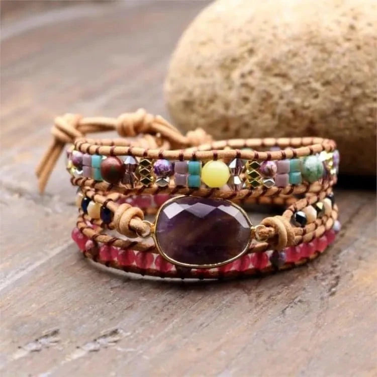 Bracelet améthyste à perles métalliques
