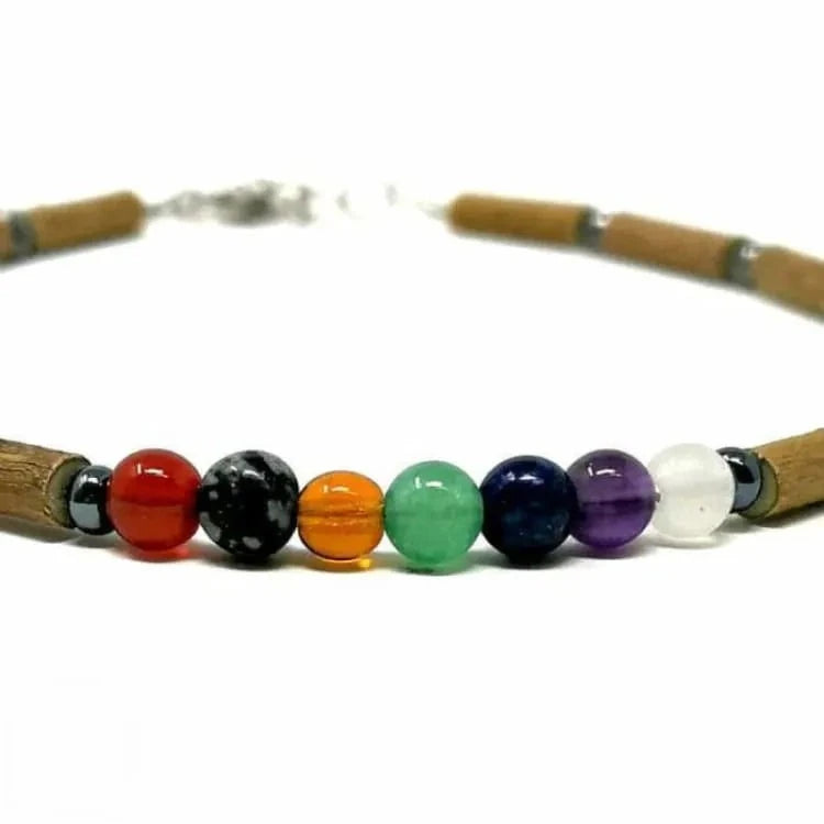 Bracelet 7 chakras de cheville en bois d'aveline