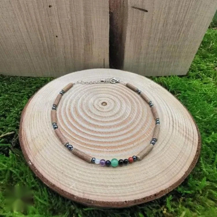 Bracelet 7 chakras de cheville en bois d'aveline