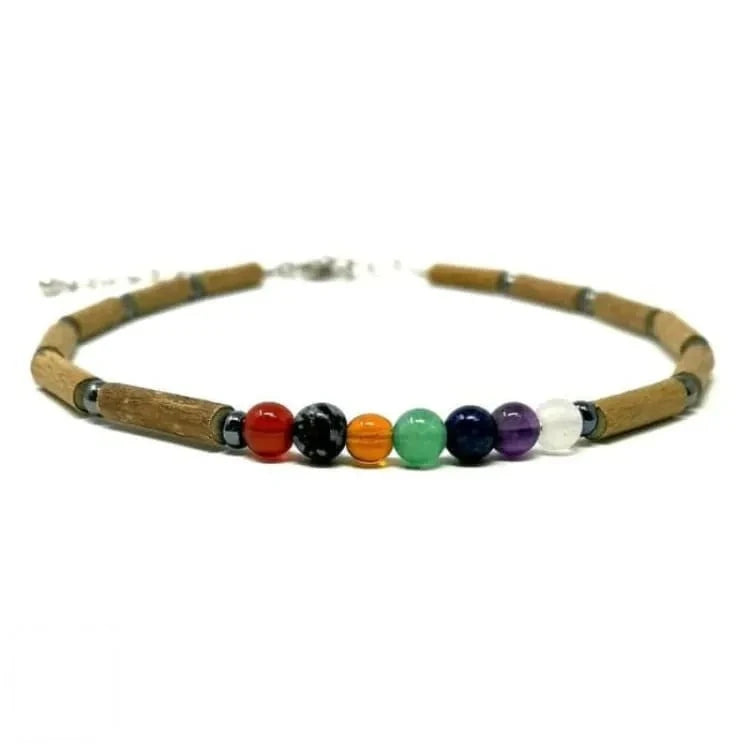 Bracelet 7 chakras de cheville en bois d'aveline