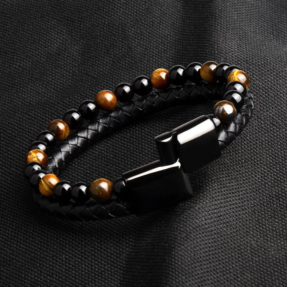Bracelet oeil de tigre et pierre de lave homme