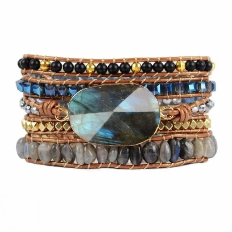 Bracelet labradorite enveloppant en cuir
