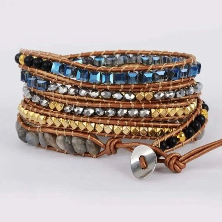 Bracelet labradorite enveloppant en cuir