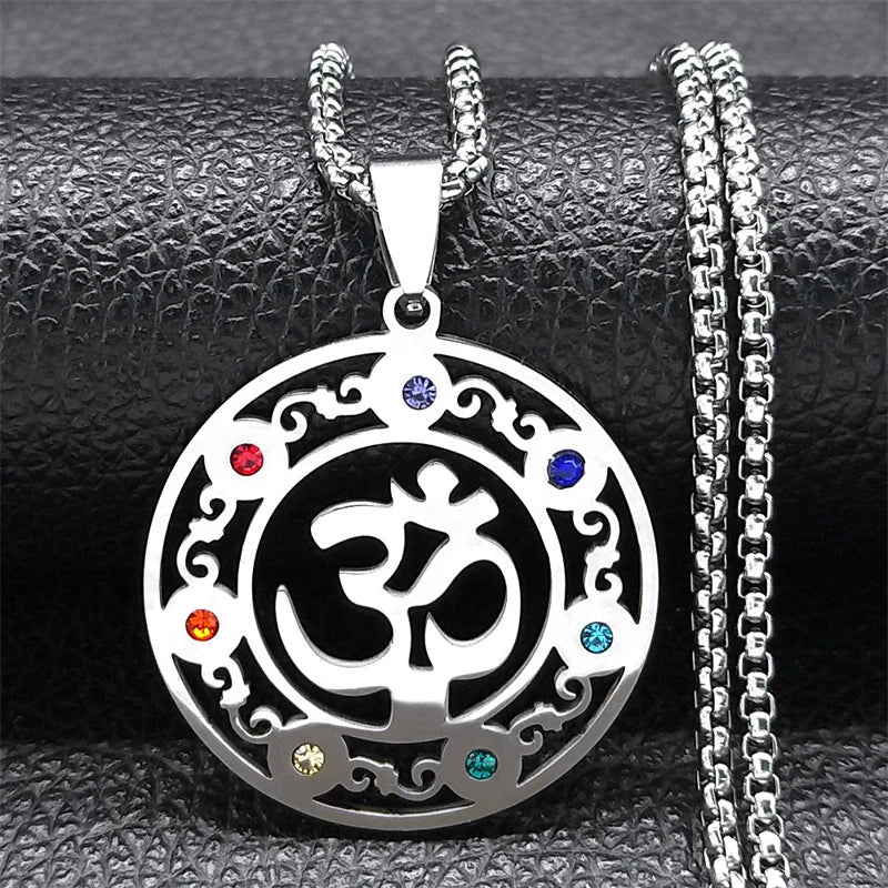 Collier 7 chakras symbole Om en acier