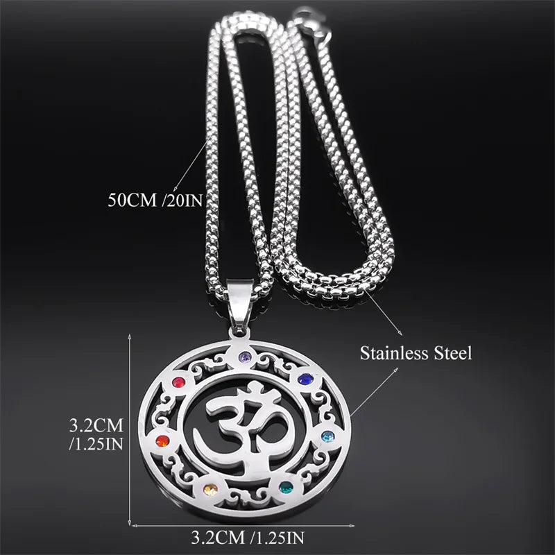 Collier 7 chakras symbole Om en acier