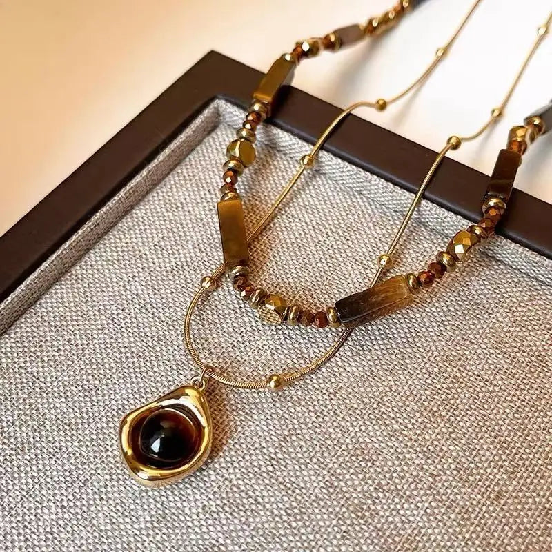 Collier oeil de tigre double rang style rétro