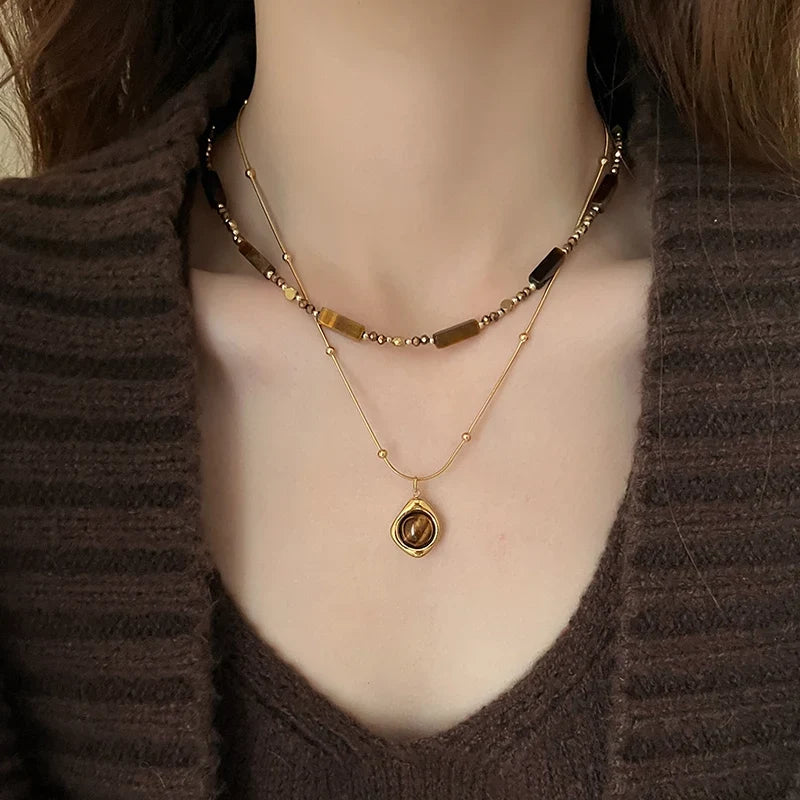 Collier oeil de tigre double rang style rétro