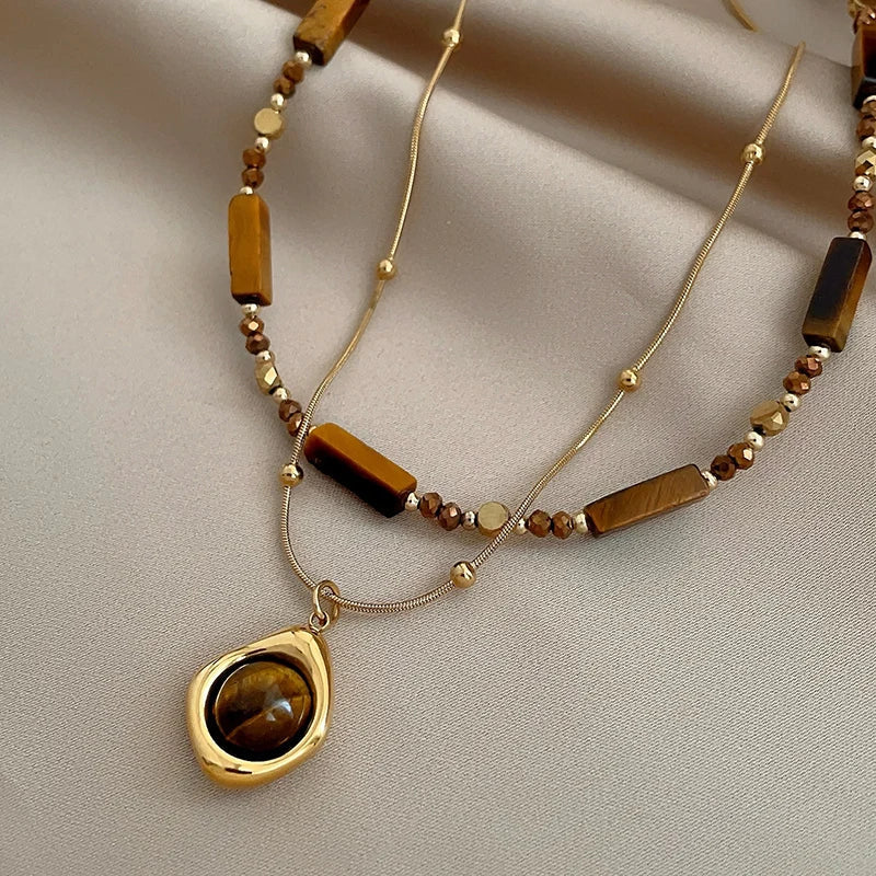 Collier oeil de tigre double rang style rétro