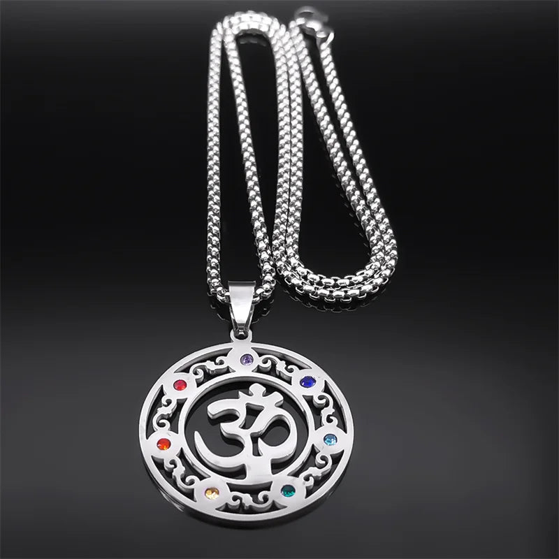Collier 7 chakras symbole Om en acier