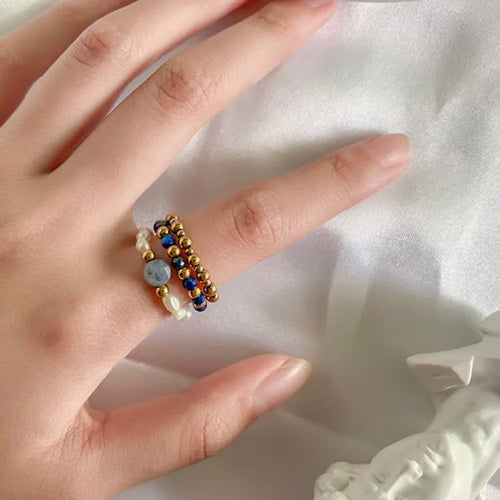 Bague lapis lazuli en trio de perles
