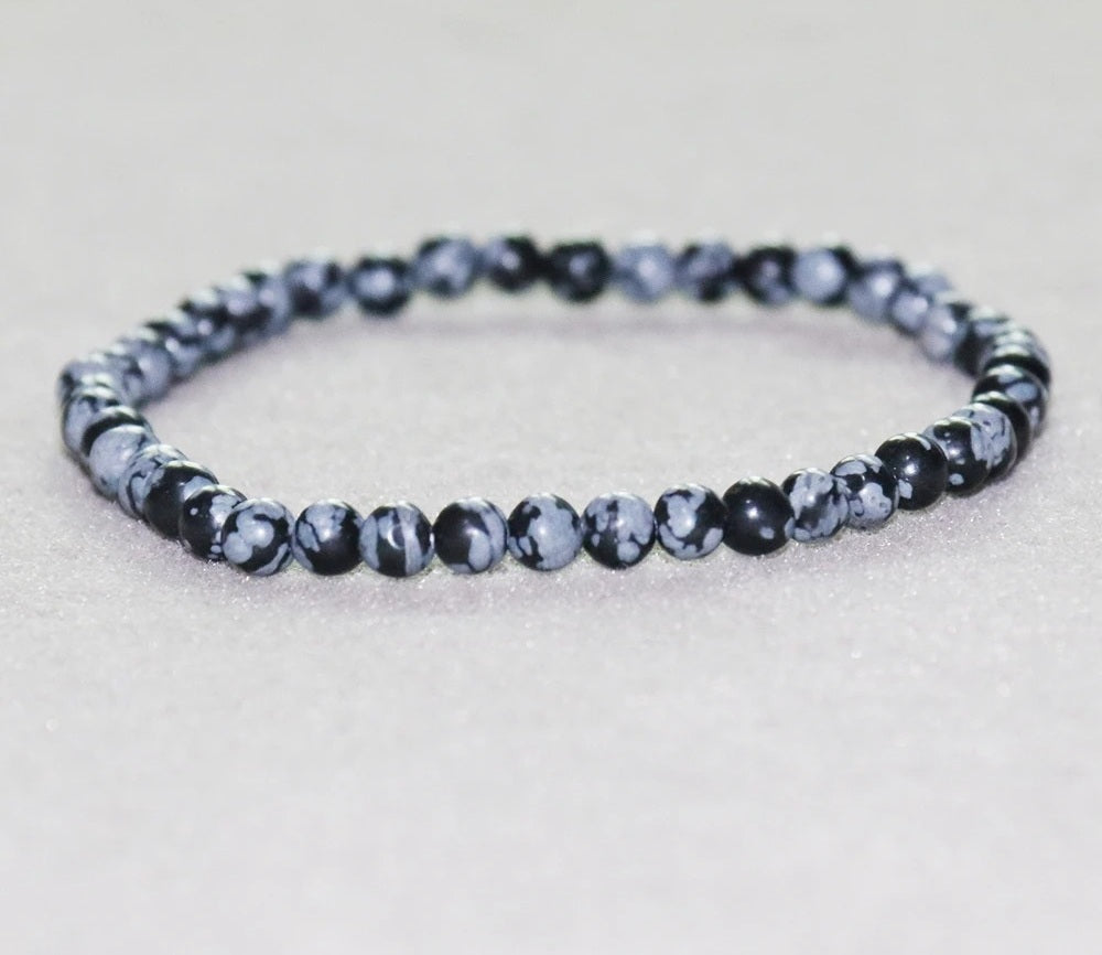 Bracelet obsidienne neige, fines perles de 4 mm