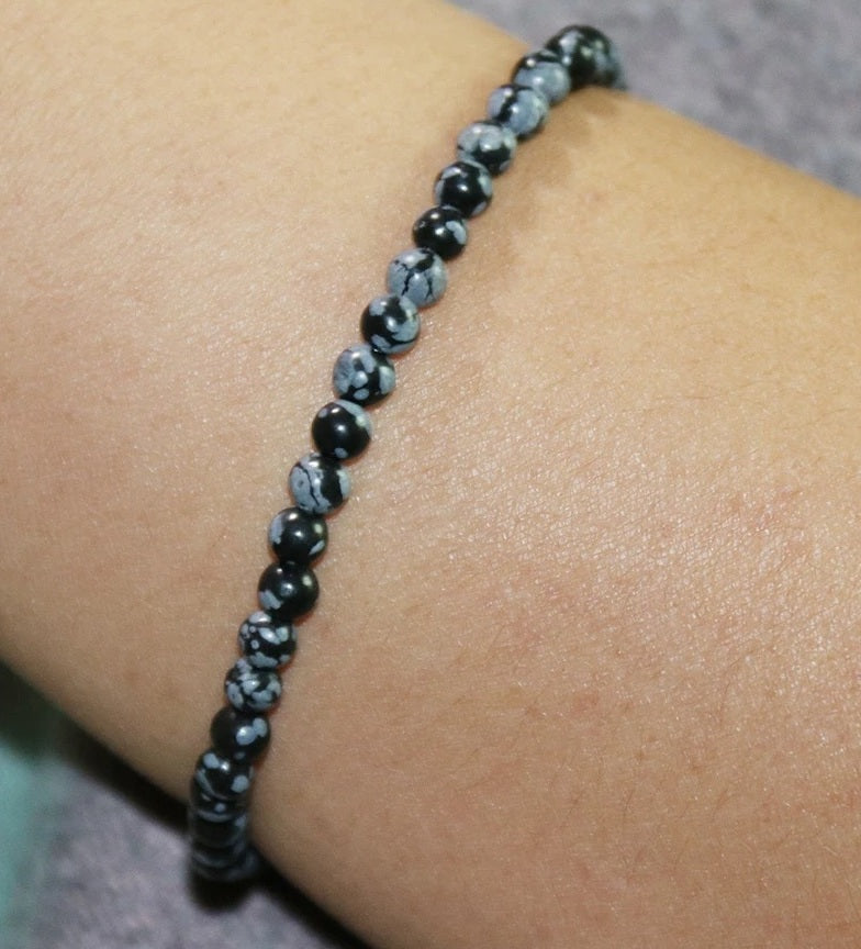 Bracelet obsidienne neige, fines perles de 4 mm