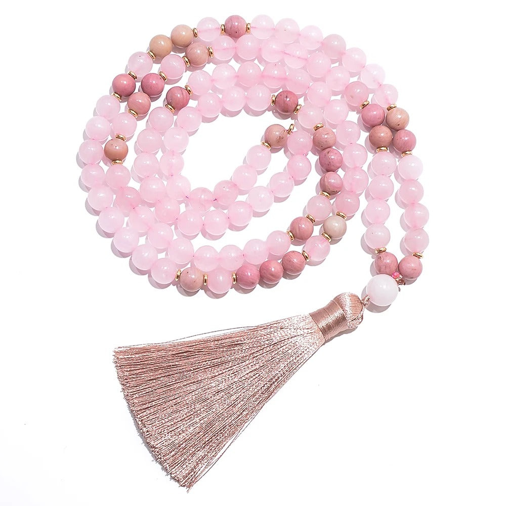 Mala tibétain 108 perles quartz rose et rhodonite