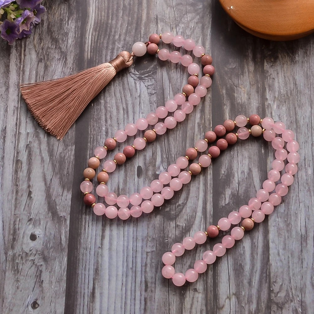 Mala tibétain 108 perles quartz rose et rhodonite